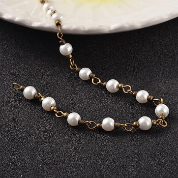 Round Handmade Glass Pearl Beaded Chains, Unwelded, with Brass Findings, Antique Bronze, White, 6mm, about 60pcs/strand, 39.3 inch