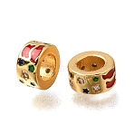 Brass Micro Pave Clear Cubic Zirconia European Beads, with Enamel, Large Hole Beads, Ring with Star Pattern, Cadmium Free & Lead Free, Rack Plating, Long-Lasting Plated, Real 24K Gold Plated, Colorful, 7.5x4mm, Hole: 4mm(CU-G605-22G)