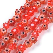 Handmade Millefiori Glass Bead Strands, Flower, Red, 3.7~5.6x2.6mm, Hole: 1mm, about 88~110pcs/Strand, 15.75''(40cm)(X-LAMP-J035-4mm-07)