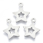201 Stainless Steel Pendants, Laser Cut, Hollow, Star, Stainless Steel Color, 13x10.5x0.8mm, Hole: 1.4mm(STAS-R116-045)