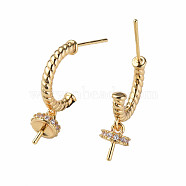 Brass Pave Clear Cubic Zirconia Stud Earring Findings, with 925 Sterling Silver Pins, for Half Drilled Bead, Nickel Free, Real 18K Gold Plated, 22x15mm, Pin: 0.7mm and 0.9mm(for half drilled bead)(KK-N233-389)