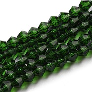 Transparent Glass Beads Strands, Faceted, Bicone, Dark Green, 3x2.5mm, Hole: 0.7mm, about 162~185pcs/strand, 12.76~14.61 inch(32.4~37.1cm)(GLAA-F029-2mm-25)