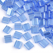 2-Hole Transparent Glass Seed Beads, Lustered, Rectangle, Cornflower Blue, 5x4.5~5.5x2~2.5mm, Hole: 0.5~0.8mm(SEED-S023-24C-03)