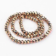 Electroplate Glass Bead Strands, Faceted, Rondelle, Rose Gold Plated, 6x4mm, Hole: 1mm, about 100pcs/strand, 15.7 inch(EGLA-G014-6mm-FP01)