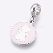 304 Stainless Steel European Dangle Charms, Large Hole Pendants, with Enamel, Flat Round with Girl, Misty Rose, Stainless Steel Color, 25.5mm, Hole: 4mm, Pendant: 16x13.5x1mm(STAS-O097-12P)