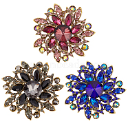3Pcs 3 Colors Rhinestone Flower Brooch Pin, Antique Golden Alloy Badge for Backpack Clothes, Mixed Color, 68x71x12mm, Pin: 0.5mm, 1pc/color(JEWB-FI0001-01)