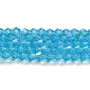 Transparent Electroplate Glass Beads Strands, AB Color Plated, Faceted, Bicone, Deep Sky Blue, 3.5mm, about 108~123pcs/strand, 12.76~14.61 inch(32.4~37.1cm)(GLAA-F029-3mm-D19)