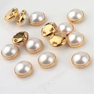 ABS Plastic Imitation Pearl Shank Buttons, Half Round, with Brass Findings, Golden, Creamy White, 10~10.5x6~6.5mm, Hole: 1mm(BUTT-S003-10mm-01)