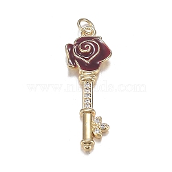 Brass Micro Clear Cubic Zirconia Pendants, with Enamel, Long-Lasting Plated, Rose Key, Dark Red, Real 18K Gold Plated, 27x9x4mm, Hole: 3mm(X-ZIRC-F120-088G)