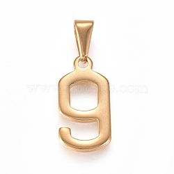 304 Stainless Steel Pendants, Number, Golden, Num.9, 21x10.5x1.5mm, Hole: 7x3mm(STAS-L210-05E-G)