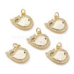 Rack Plating Brass Micro Pave Cubic Zirconia with Synthetic Opal Pendants, with Jump Ring, Lead Free & Cadmium Free, Long-Lasting Plated, Fish, Real 18K Gold Plated, White, 18x15x3.5mm(KK-D088-38G-02)