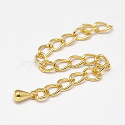 Brass Chain Extender, with Curb Chains and Drop Charms, Golden, 65~70x3x1.5mm, Hole: 3x2mm, Teardrop: 6x3mm.(X-KK-N0086-01G)
