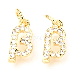 Brass Micro Pave Cubic Zirconia Charms, with Jump Rings, Greek Alphabet, Real 18k Gold Plated, Letter.B, 12.5x6x1.85mm, Jump Ring: 5x0.95mm, Hole: 3.3mm(ZIRC-O037-13G)