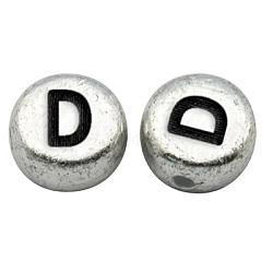 Silver Color Plated Acrylic Horizontal Hole Letter Beads, Flat Round, Letter.D, 7x3.5mm, Hole: 1mm, about 237pcs/33g(X-MACR-PB43C9070-D)