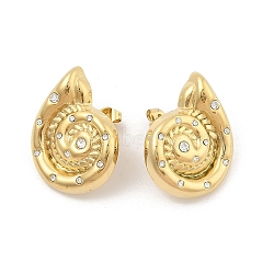 PVD Vacuum Plating 304 Stainless Steel Stud Earrings for Women, Rhinestone Shell Shape Earrings, Golden, 30x22.5mm(EJEW-C120-19G)