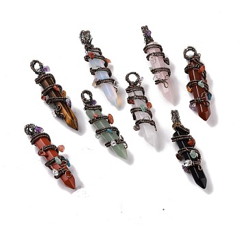 Natural & Synthetic Gemstone Pointed Big Pendants, with Red Copper Plated Rack Plating Brass Findings and Mixed Stone Chip Beads, Cadmium Free & Lead Free, Faceted, Bullet Charm, Mixed Dyed and Undyed, 64~68x16~17x16~17mm, Hole: 7.5mm