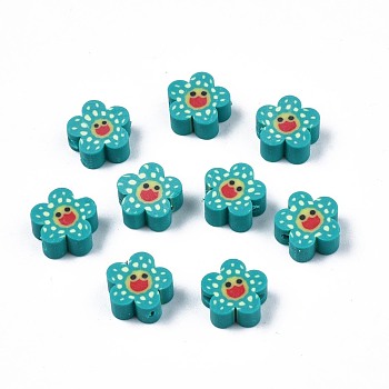 Handmade Polymer Clay Beads, Flower with Smiling Face, Dark Cyan, 9~10x4mm, Hole: 1.5mm