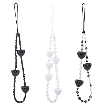 Heart Acrylic & Resin Beads Mobile Straps, with Polyester Cords Mobile Accessories Decoration, Mixed Color, 22cm, 3pcs/set