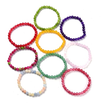Dyed Natural Jade Beads Stretch Bracelets, Round, Mixed Color, Inner Diameter: 2 inch(5cm), Bead: 6mm