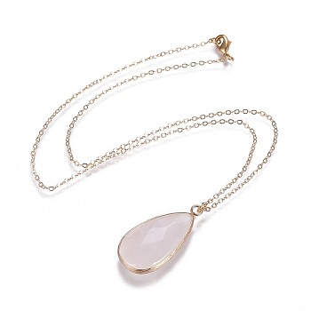 Teardrop Natural Rose Quartz Pendant Necklaces, with Brass Cable Chains and Brass Lobster Claw Clasps, Packing Box, Real 18K Gold Plated, 17 inch(43.2cm)