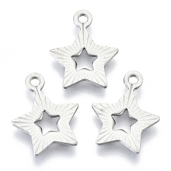 201 Stainless Steel Pendants, Laser Cut, Hollow, Star, Stainless Steel Color, 13x10.5x0.8mm, Hole: 1.4mm