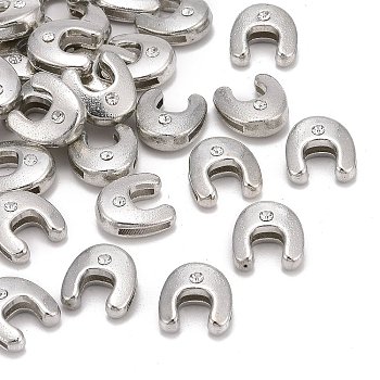 Letter Slider Beads for Watch Band Bracelet Making, Platinum Plated Alloy Crystal Rhinestone Slide Charms, Cadmium Free & Nickel Free & Lead Free, Letter.U, 11~13x9~11.5x4~5mm, Hole: 7.5~8x1mm