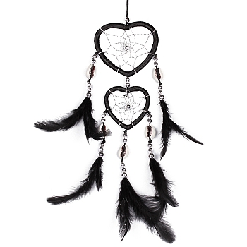 Feather Pendant Decoration with Natural Shell Beaded, Woven Net/Web with Feather, Art Hanging Decors for Garden Window Party, Black, 350~400mm