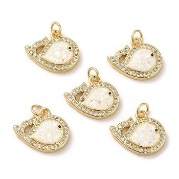 Rack Plating Brass Micro Pave Cubic Zirconia with Synthetic Opal Pendants, with Jump Ring, Lead Free & Cadmium Free, Long-Lasting Plated, Fish, Real 18K Gold Plated, White, 18x15x3.5mm