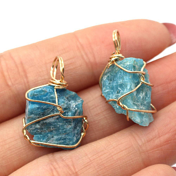 Raw Rough Natural Apatite Pendants, Nuggets Charms with Golden Plated Copper Wire Wrapped, 18~30x12~22mm