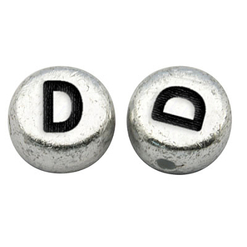 Silver Color Plated Acrylic Horizontal Hole Letter Beads, Flat Round, Letter.D, 7x3.5mm, Hole: 1mm, about 237pcs/33g