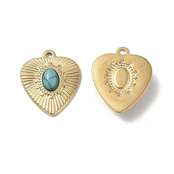 Vacuum Plating 201 Stainless Steel Natural Turquoise Pendants, Real 18K Gold Plated, Heart Charms, 19x16x3.5mm, Hole: 1.2mm