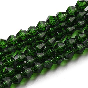 Transparent Glass Beads Strands, Faceted, Bicone, Dark Green, 3x2.5mm, Hole: 0.7mm, about 162~185pcs/strand, 12.76~14.61 inch(32.4~37.1cm)