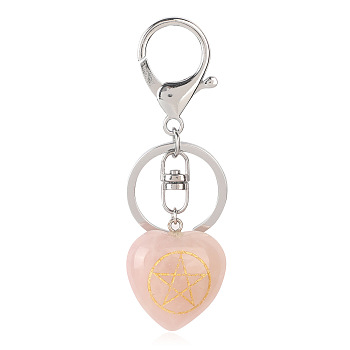 Natural Rose Quartz Heart with Kore Symbol Keychain, Reiki Energy Stone Keychain for Bag Jewelry Gift Decoration, 9.5x3cm