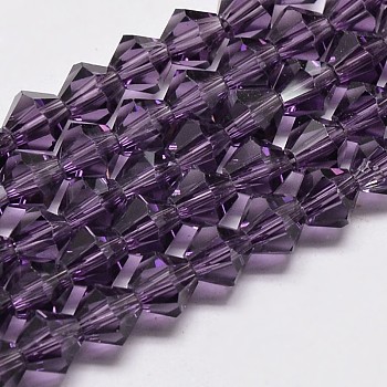 Transparent Glass Beads Strands, Faceted, Bicone, Purple, 4x4mm, Hole: 0.8mm, about 82~85pcs/strand, 12.01~12.2 inch(30.5~31cm)