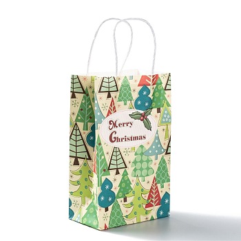 Christmas Theme Kraft Paper Gift Bags, with Handles, Shopping Bags, Christmas Tree Pattern, 13.5x8x22cm