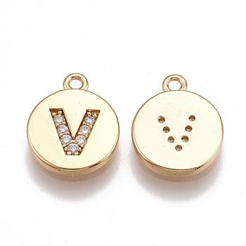 Brass Cubic Zirconia Charms, Flat Round with Letter, Nickel Free, Real 18K Gold Plated, Clear, Letter.V, 12x10x2mm, Hole: 1mm