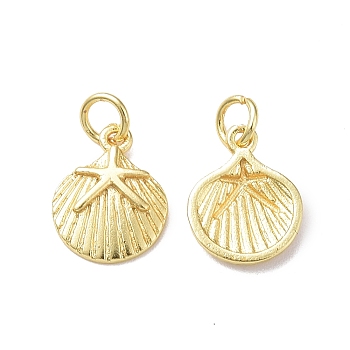 Rack Plating Brass Charms, with Jump Ring, Lead Free & Cadmium Free, Shell with Starfish Charm, Real 18K Gold Plated, 13x10.5x2mm, Hole: 3mm