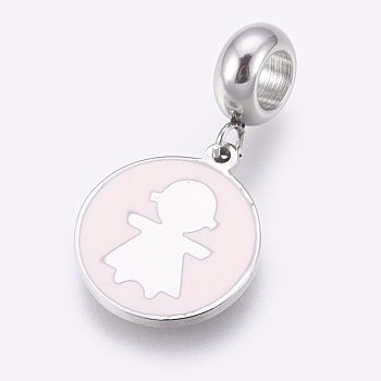 304 Stainless Steel European Dangle Charms, Large Hole Pendants, with Enamel, Flat Round with Girl, Misty Rose, Stainless Steel Color, 25.5mm, Hole: 4mm, Pendant: 16x13.5x1mm