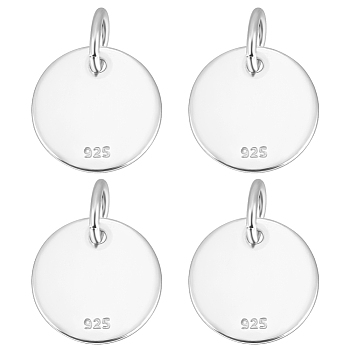 4Pcs 925 Sterling Silver Pendants, Flat Round Charms, with Jump Rings with 925 Stamp, Silver, 10x0.6mm, Hole: 3mm