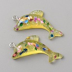Transparent Resin Pendants, Dolphin Charms, with Platinum Tone Iron Loops and Paillette, Yellow, 19x38x7.5mm, Hole: 2mm(DIY-TAC0020-25A)