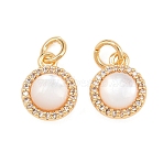 Brass Micro Pave Cubic Zirconia Pendants, Round Charms, with Shell, with Jump Ring, Real 18K Gold Plated, 11.5x9x5mm(KK-H538-10G)