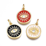 Brass Micro Pave Cubic Zirconia Pendants, with Enamel and Jump Ring, Nickel Free, Flat Round with Eye, Real 16K Gold Plated, Mixed Color, 15x13x2mm, Jump Ring: 5x0.8mm, 3mm inner diameter(ZIRC-T014-041G-NF)