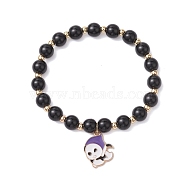 Alloy Enamel Charm Bracelets, Halloween Themed Round Glass Pearl Beaded Stretch Bracelets, Ghost, Inner Diameter: 2-3/8 inch(6cm)(BJEW-JB10851-03)