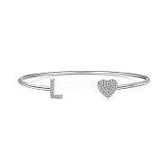 Anti-Tarnish Heart & Letter Rhodium Plated 925 Sterling Silver Micro Pave Cubic Zirconia Cuff Bangles for Women, Letter L, 0.2~0.8cm, Inner Diameter: 1-7/8x2-1/4 inch(4.85x5.65cm)(BJEW-C062-01L-P)