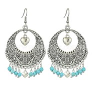 Dyed Natural Howlite Beaded Chandelier Earrings, Alloy Flat Flat Round Earrings with 304 Stainless Steel Pins, Blue, 73.5x43mm(EJEW-JE05370-01)