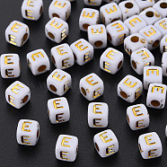 Opaque White Acrylic Beads, Metal Enlaced, Cube with Letters, Letter.E, 4.5mm, Hole: 2mm, about 500pcs/50g(X-MACR-Q242-010E)