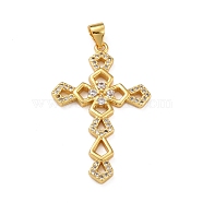 Brass Micro Pave Clear Cubic Zirconia Pendants, Cross, Real 18K Gold Plated, 36x22.5x2.5mm, Hole: 4x3mm(ZIRC-A021-15G)