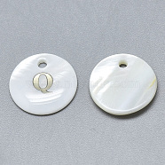 Natural White Shell Mother of Pearl Shell Charms, with Iron Sticker, Flat Round with Letter, Letter.Q, 13x2mm, Hole: 1.5mm(SSHEL-N036-053Q)