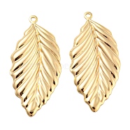 Brass Pendants, Leaf Charms, Real 18K Gold Plated, 45.5x21.5x2mm, Hole: 2mm(KK-L208-15G)