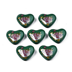 Flower Printed Opaque Acrylic Heart Beads, Dark Green, 16x19x8mm, Hole: 2mm(SACR-S305-28-N04)